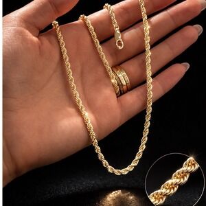 Unisex Gold PlatedRope Chain Necklace Twisted Link Diamond Cut 20"Lobster Clasp